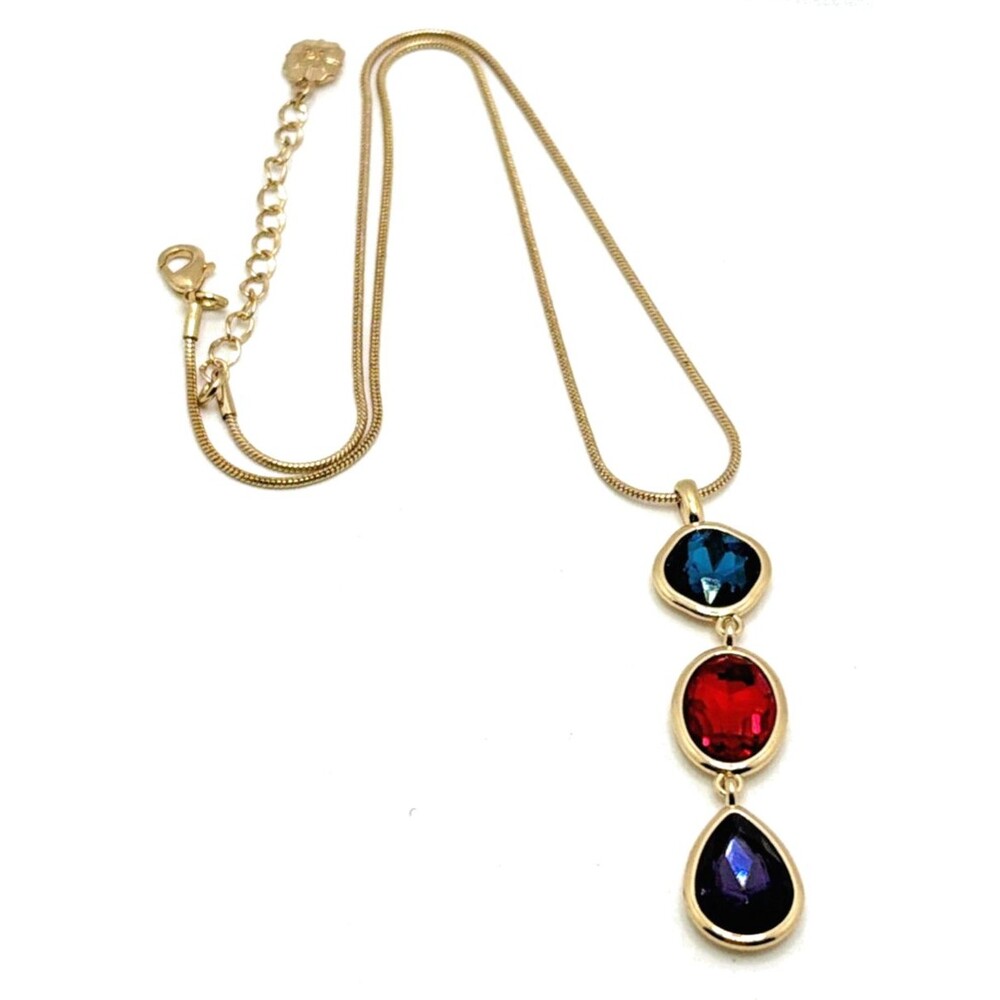 Vintage Monet Y Drop Rhinestone Pendant Necklace Red Blue Purple Gold Tone 18"